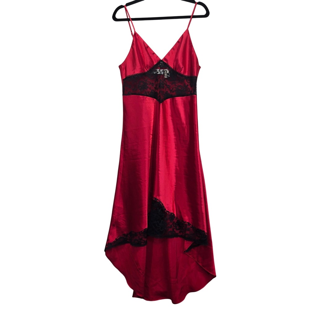 Vintage Victorias Secret Gold Label Red Satin Black Lace‎ Slip Dress Medium